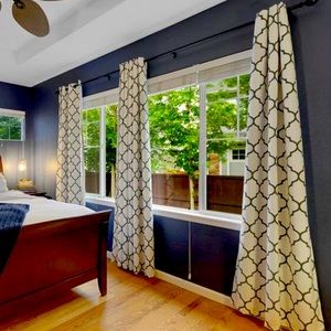 Blackout Curtains - 4 custom panels, white background w/blue quatrefoil design.